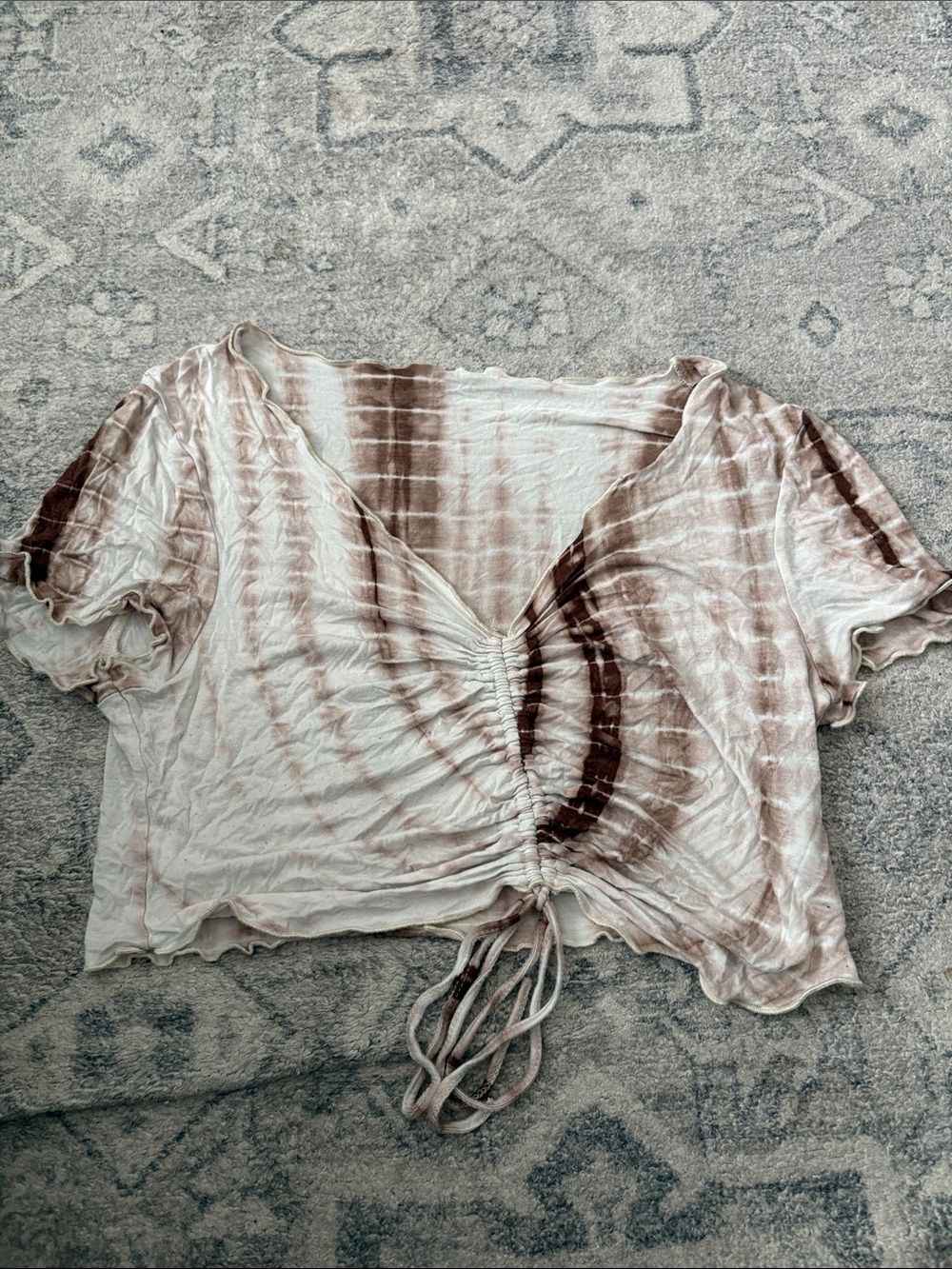 SHEIN Brown Tie-Dye Ruched Drawstring Crop Top